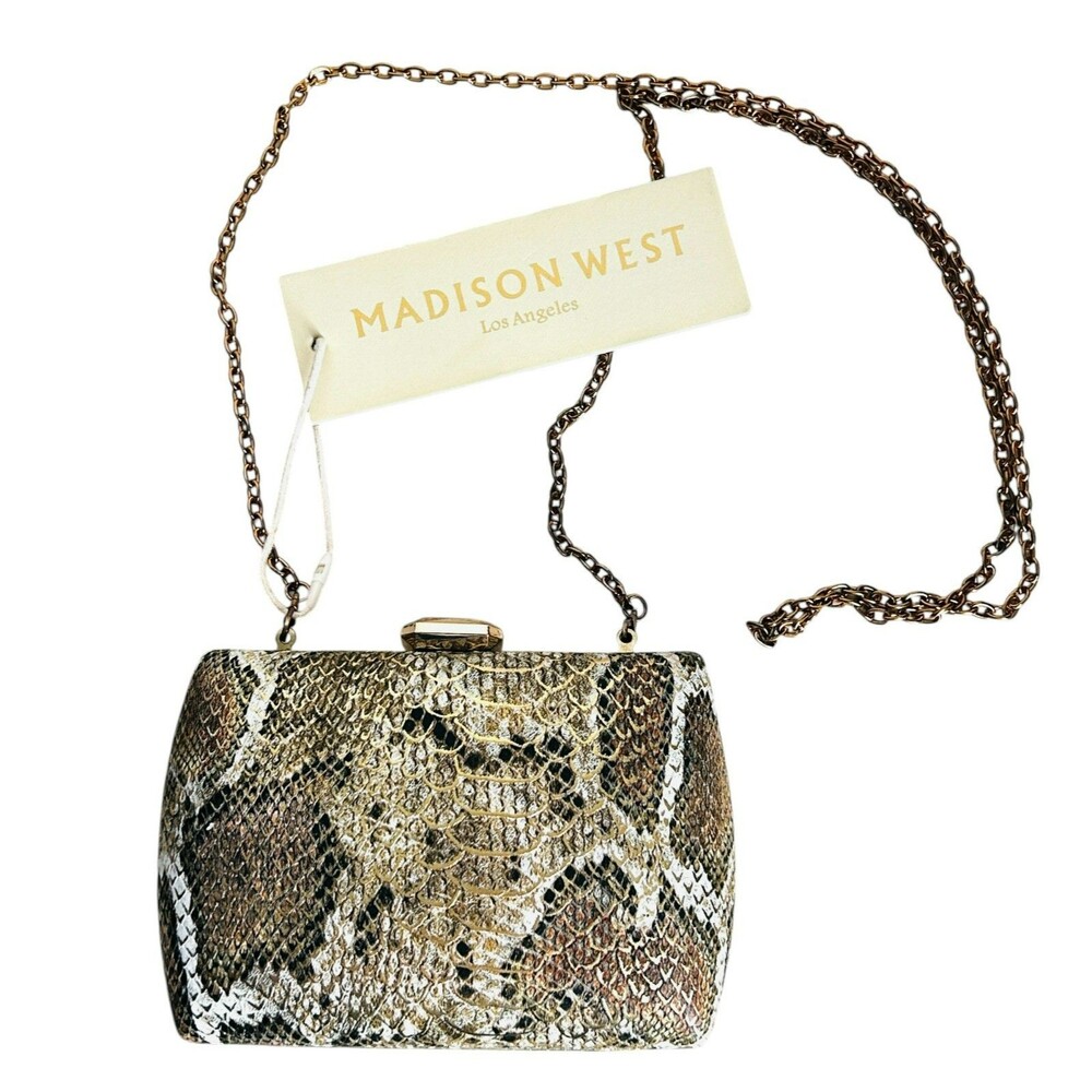 NEW Madison West CONVERTABLE Crossbody Bag Clutch Faux Snake Beige Black NWT - Picture 2 of 8